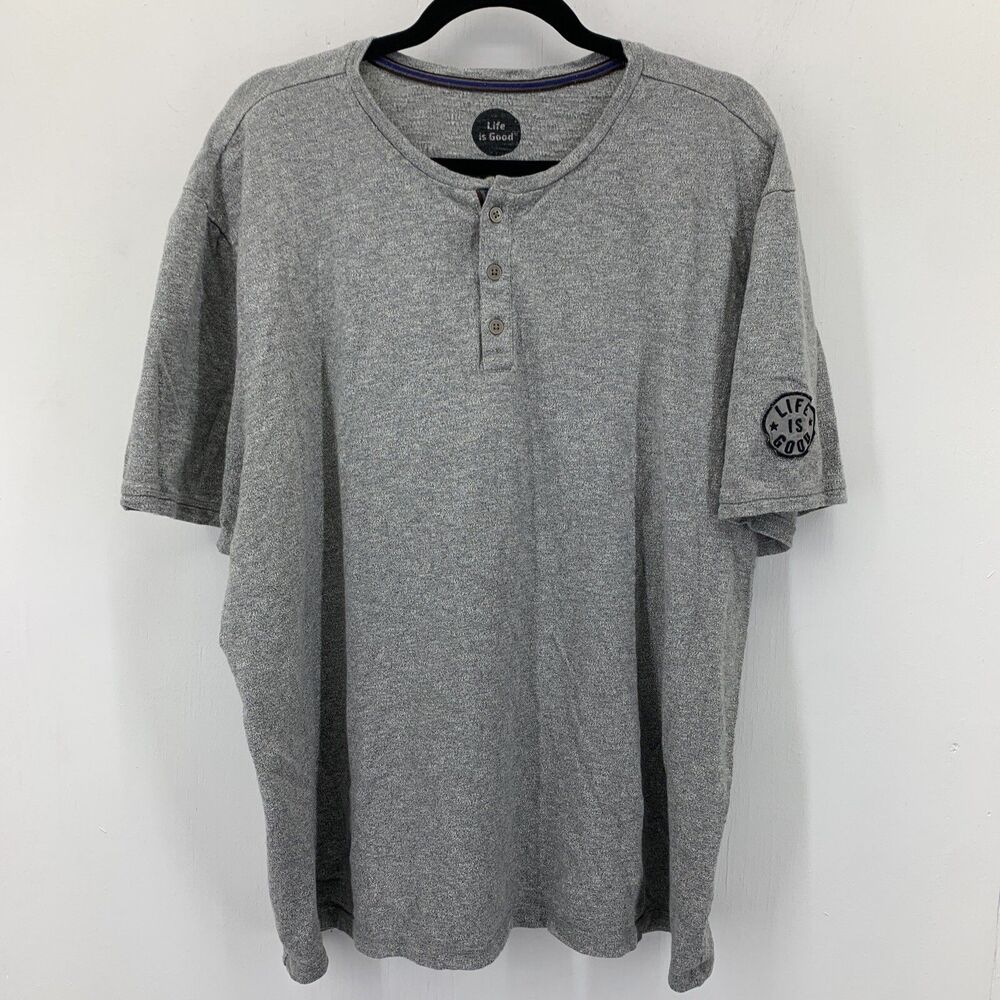 Life Is Good Mens XL Henley Classic Fit Shirt Gray Stretch Cotton Short Sleeve
